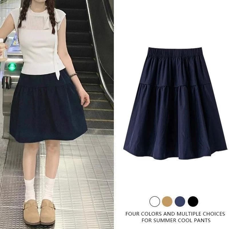 New Korean Summer Female Elegant A-line Skirts Lady Designer High Waist Thin Skirts Girls Fashion Solid Mid-Long Dress
