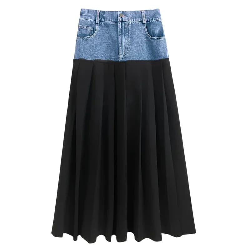 Y2k Pleated Skirt Women Long Skirts Denim Patchwork High Waist Washed Distressed Vintage Floor Length 2025 Streetwear A Line