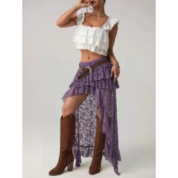Bohemian Lace Embroidery Women's Soild Color Skirts Asymmetrical Tierred Premium See Through Long Skirts