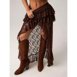 Bohemian Lace Embroidery Women's Soild Color Skirts Asymmetrical Tierred Premium See Through Long Skirts