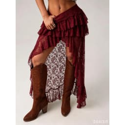 Bohemian Lace Embroidery Women's Soild Color Skirts Asymmetrical Tierred Premium See Through Long Skirts