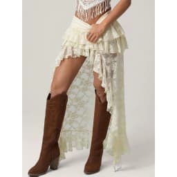 Bohemian Lace Embroidery Women's Soild Color Skirts Asymmetrical Tierred Premium See Through Long Skirts