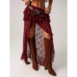 Bohemian Lace Embroidery Women's Soild Color Skirts Asymmetrical Tierred Premium See Through Long Skirts