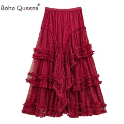 Boho Queens Women Irregular Hem High Waist Pleated embroidery Maxi Skirt Fashion Mesh Loose Puffy Skirt Fairy Cake Skirts