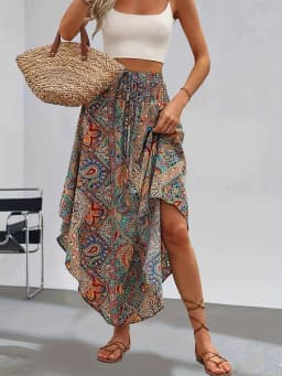 Europe and the United States Fashion Women's Exotic Wind Pull Rope with High Waist Half Printed Long Skirt Summer Girl