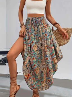 Europe and the United States Fashion Women's Exotic Wind Pull Rope with High Waist Half Printed Long Skirt Summer Girl