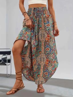 Europe and the United States Fashion Women's Exotic Wind Pull Rope with High Waist Half Printed Long Skirt Summer Girl