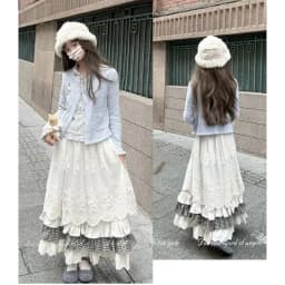 Women Sweet Vintage Mori Girl Style High Waist Splicing Plaid Long Skirt Winter New Korean Fashion Beige Lace Kawaii Maxi Skirts