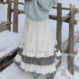 Women Sweet Vintage Mori Girl Style High Waist Splicing Plaid Long Skirt Winter New Korean Fashion Beige Lace Kawaii Maxi Skirts