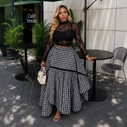 Houndstooth Maxi Skirt for Women High Waist Layered Ruffle Irregular Hem A Line Skirt Elegant Vintage Formal Tiered Maxi Skirt