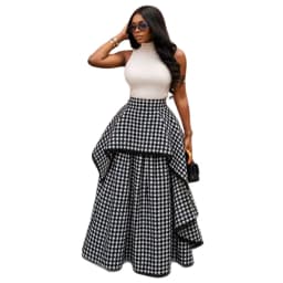 Houndstooth Maxi Skirt for Women High Waist Layered Ruffle Irregular Hem A Line Skirt Elegant Vintage Formal Tiered Maxi Skirt