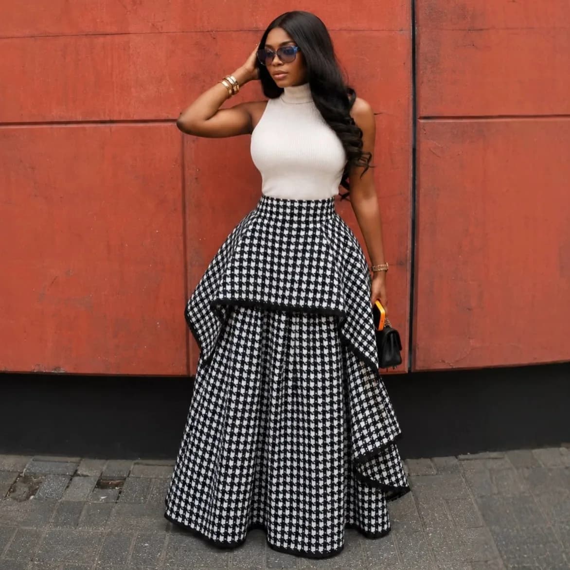 Houndstooth Maxi Skirt for Women High Waist Layered Ruffle Irregular Hem A Line Skirt Elegant Vintage Formal Tiered Maxi Skirt