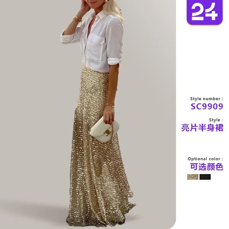 Skirts women 2026 casual spring autumn sequined floor-length skirt Europe America solid color long skirts women's clothing