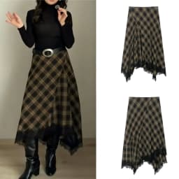 Spring New Check Lace Hem Asymmetric Skirt Women Eelgant A-line Zip-up Midi Skirts Female Vintage Party Skirts 2026 New