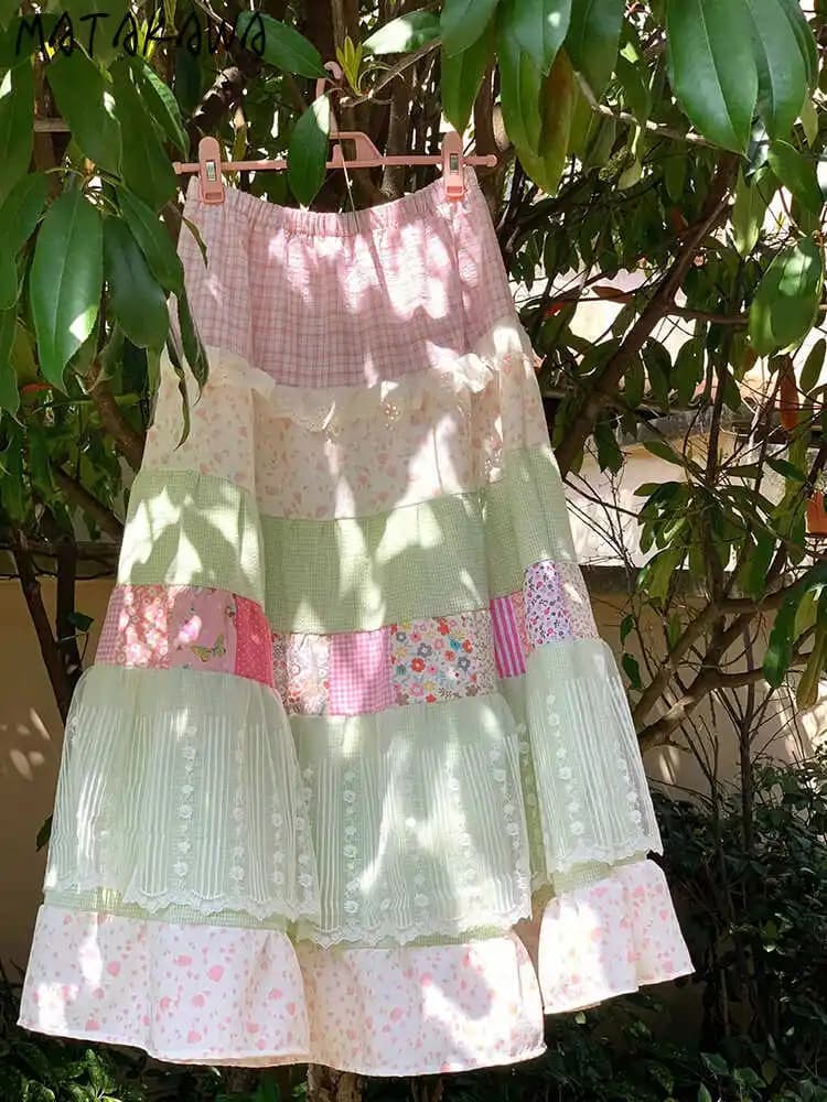 Matakawa Japanese Style Long Skirts Print Vintage A-line Spring Summer Faldas Mujer Patchwork Sweet Fashion Women Skirt
