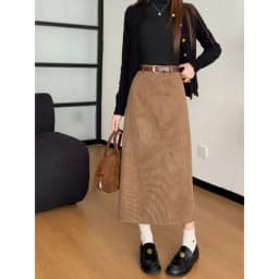 High Waist Slimming Retro Corduroy Midi Skirt Hip Concealing Straight Leg A- Line Wrap Around Skirt for Women Solid Color
