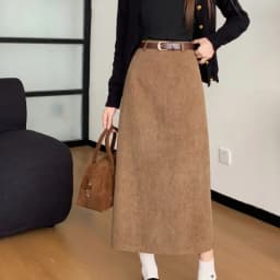 High Waist Slimming Retro Corduroy Midi Skirt Hip Concealing Straight Leg A- Line Wrap Around Skirt for Women Solid Color