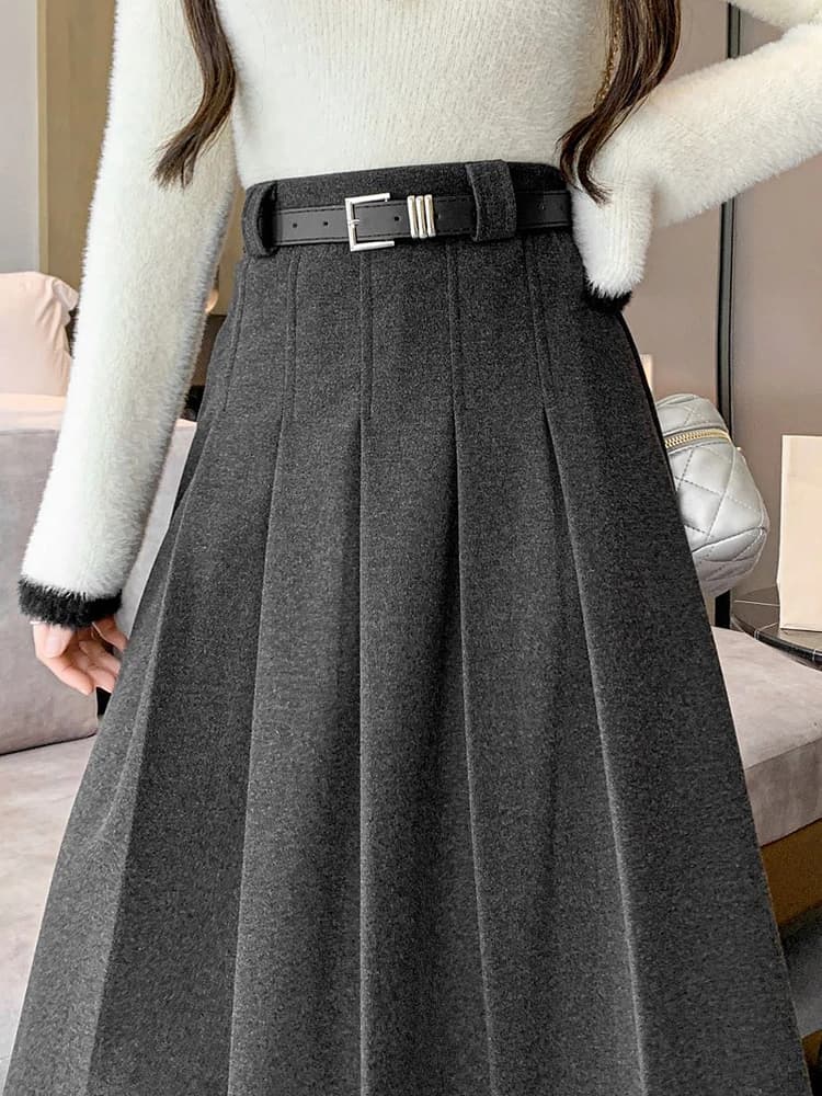 Grey woolen pleated skirt for women in autumn and winter skirt high waisted casual large hemA-line medium length skirt