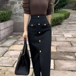 French Fashion Single Breasted Skirt Women Elegant High Waisted Slim Pencil Skirt Autumn Wrapped Slit Black Long Skirt 606A