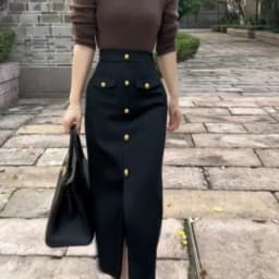 French Fashion Single Breasted Skirt Women Elegant High Waisted Slim Pencil Skirt Autumn Wrapped Slit Black Long Skirt 606A