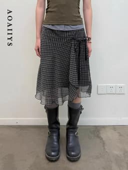 Aoaiiys Plaid Skirts Women High Waist Mesh Ruffled Skirt Fashion Irregular Design A-Line Skirt Summer New Vintage Korean Skirts