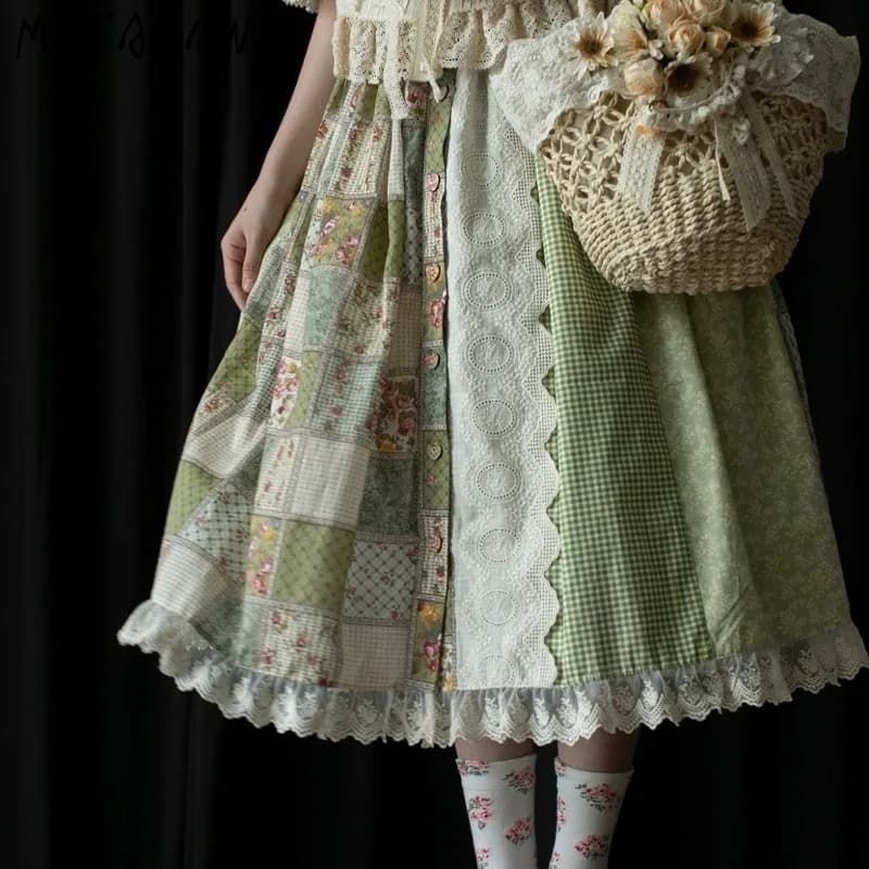 Matakawa Print Women Skirts A-line Sweet Vintage Spring Summer Green Faldas Mujer Japanese Style Ruffles Fashion Long Skirt