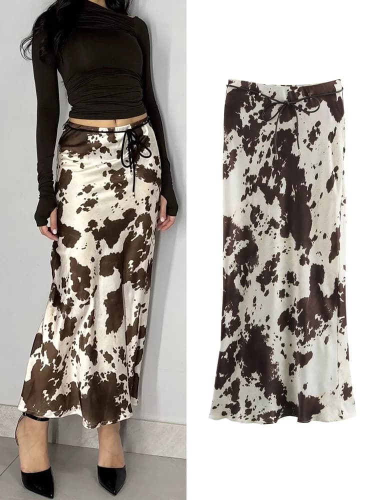 Animal Print Satin Skirt Women Fashion Ruffles Midi Skirts With Belt Casual Women's Skirt 2025 High Street Elegant Long Skirts