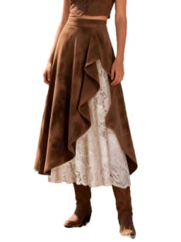 2026 Autumn Women Brown Suede Half Skirt Vintage Western-style Suede And Lace Patchwork Skirt