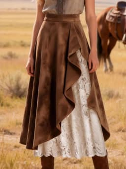 2026 Autumn Women Brown Suede Half Skirt Vintage Western-style Suede And Lace Patchwork Skirt