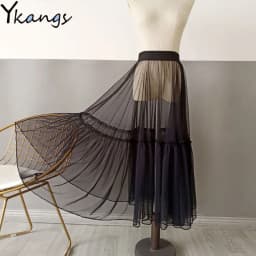 2020 Women Sexy Mesh Transparent Long Tulle Skirt Korean Fashion Summer Ladies Elastic High Waist Black White Beach Midi Skirt