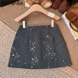 Matakawa Woolen Skirts for Women Sequins A-line Solid Versatile Mini Skirt Autumn Winter Korean Fashion Elegant Faldas Mujer