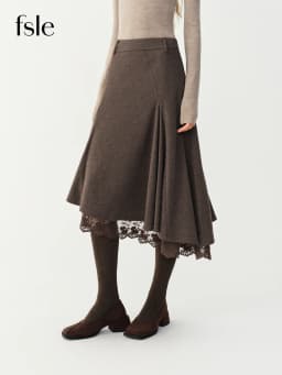 FSLE 2026 Winter Women's Vintage-Inspired Elegant Lace Panel Asymmetric Hem Midi Skirt - Chic Flattering for Everyday Wear
