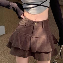Retro Brown Corduroy Mini Skirt for Women Autumn Winter High-waisted A Line Ruffle Skirts Women Anti-Glare Cake Puff Skirt