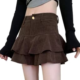 Retro Brown Corduroy Mini Skirt for Women Autumn Winter High-waisted A Line Ruffle Skirts Women Anti-Glare Cake Puff Skirt