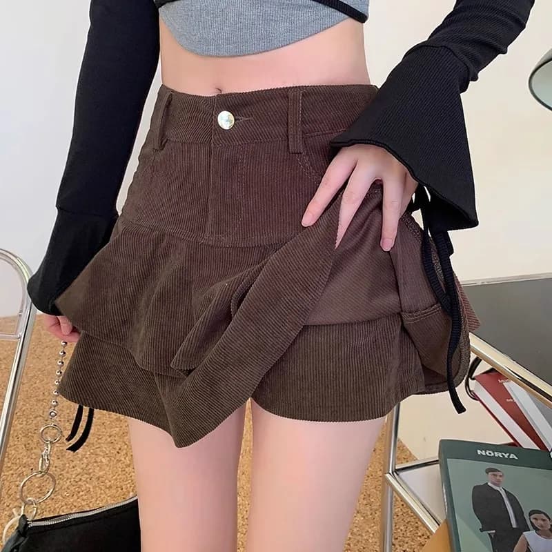 Retro Brown Corduroy Mini Skirt for Women Autumn Winter High-waisted A Line Ruffle Skirts Women Anti-Glare Cake Puff Skirt