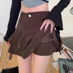 Retro Brown Corduroy Mini Skirt for Women Autumn Winter High-waisted A Line Ruffle Skirts Women Anti-Glare Cake Puff Skirt