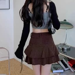 Retro Brown Corduroy Mini Skirt for Women Autumn Winter High-waisted A Line Ruffle Skirts Women Anti-Glare Cake Puff Skirt