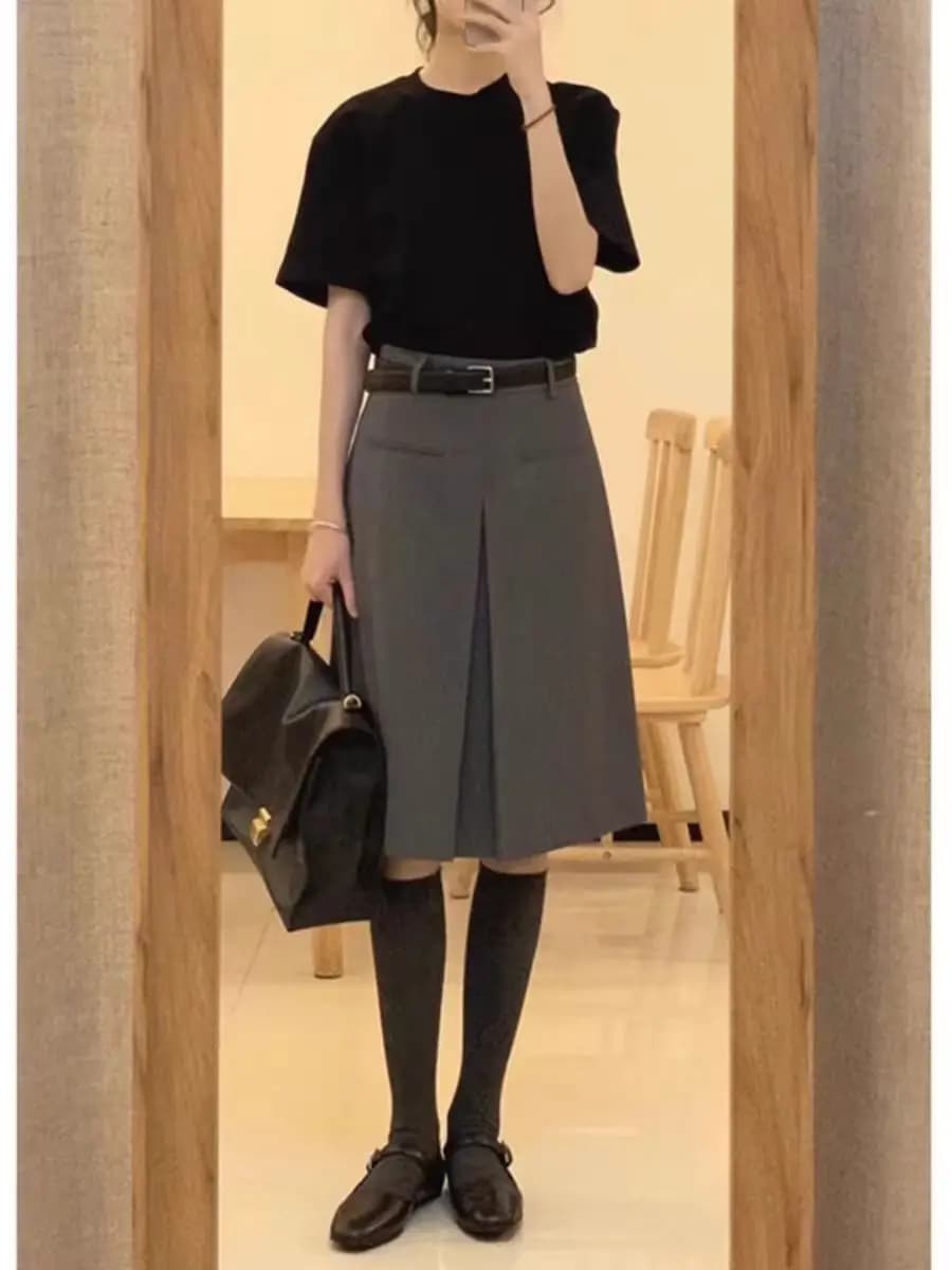 plus Size A-Line Midi Skirt Women's High Waist Flared Two-Sided Wear Retro Artistic Style Polyester Fiber Commute Pure Color