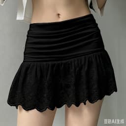 Embroidered Flower Lace Mini Skirt Y2K Streetwear Harajuku Ruched Skirts Double Layer See Through Lace Up Ruffles Skirt
