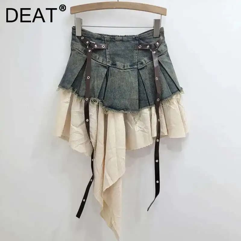 DEAT 2024 Autumn New Fashion Women's Splicing Denim Pleated Skirt High Waist Contrast Color A-line Skirts Female Trendy 33A1929