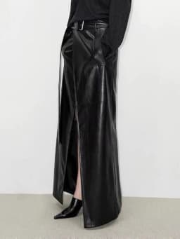 Lautaro Spring Autumn Shiny Black Soft Pu Leather Floor Length Skirt Women with Front Slit High Waist Extra Long Clothes 2025