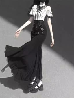 Harajuku Kawaii Lolita Lace Fish Tail Skirts Y2k Slim Waist Black Skirt for Women Autumn Subcultural Mid-length Faldas Mujer