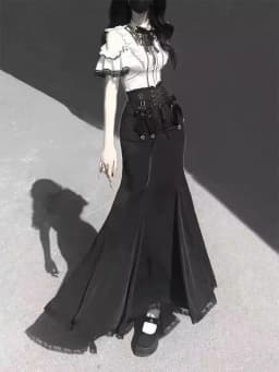 Harajuku Kawaii Lolita Lace Fish Tail Skirts Y2k Slim Waist Black Skirt for Women Autumn Subcultural Mid-length Faldas Mujer