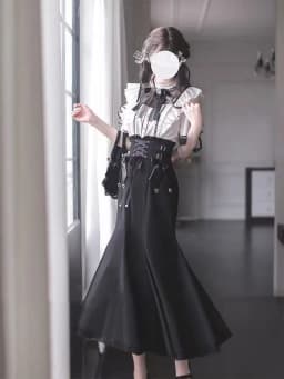 Harajuku Kawaii Lolita Lace Fish Tail Skirts Y2k Slim Waist Black Skirt for Women Autumn Subcultural Mid-length Faldas Mujer