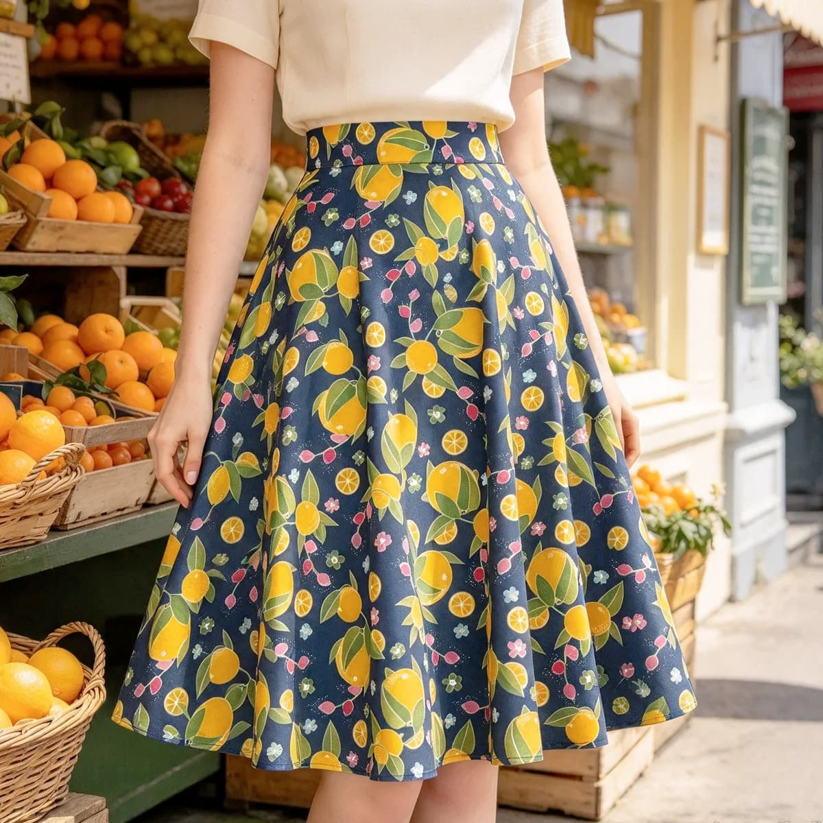 SISHION Blue Oranges Floral Printed Summer Skirts for Women VD0020 High Waist Swing Vintage Hepburn Umbrella Skirts Jupe Courte