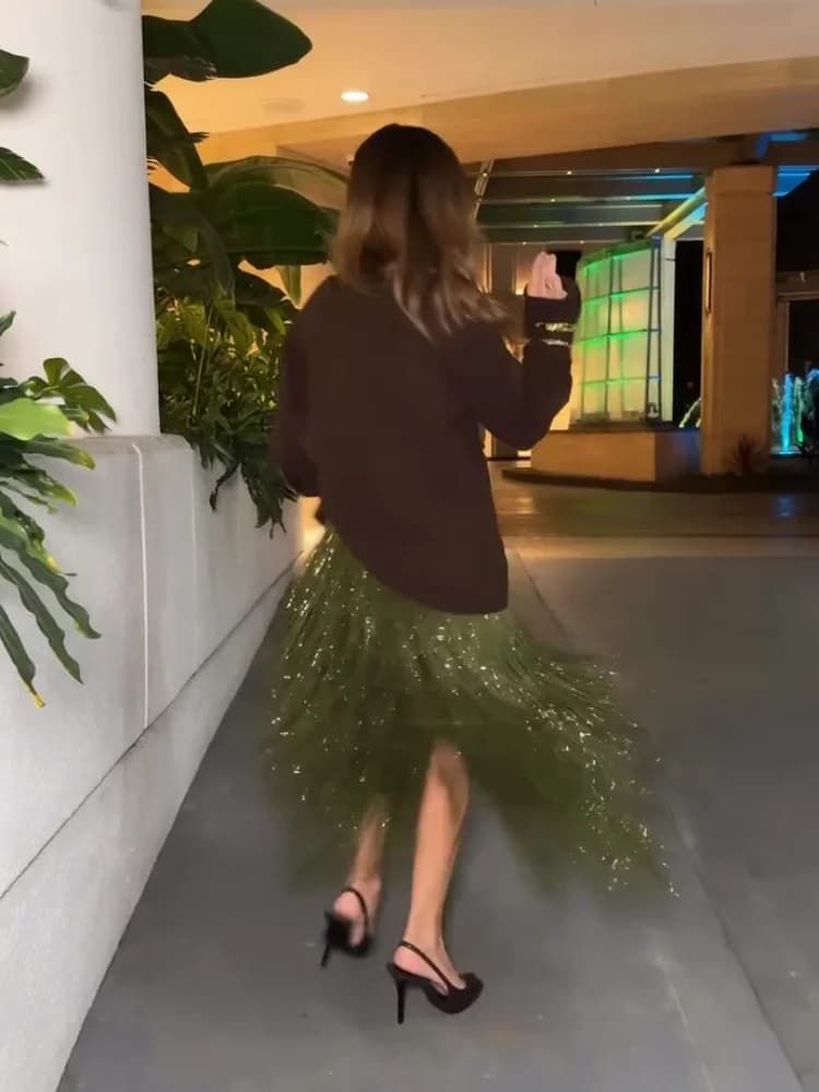Women's Olive Green Sequin Fringe Midi Skirt Sparkly Tassel Party Skirt for Evening Clubwear 2025 Festival New Sexy Lady Skirts