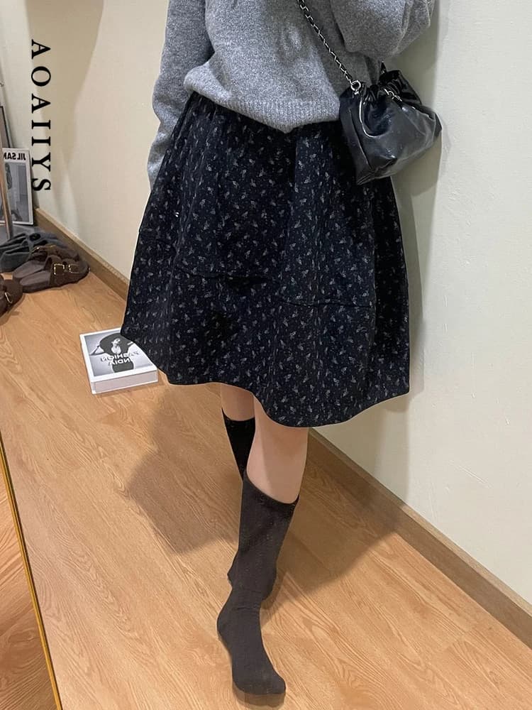 Aoaiiys Print Skirts Women Korean Sweet Casual Skirt High Waist Vintage Knee-Length Skirt Spring Summer New 2026 Elegant Skirts