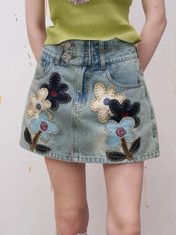 Y2K American Cartoon Flower Patch Embroidery Denim Skirt A Line Short Summer Design for Women