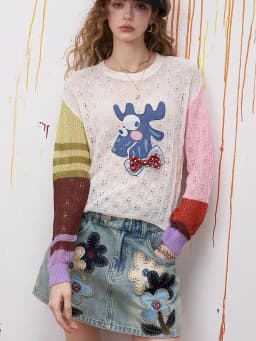 Y2K American Cartoon Flower Patch Embroidery Denim Skirt A Line Short Summer Design for Women