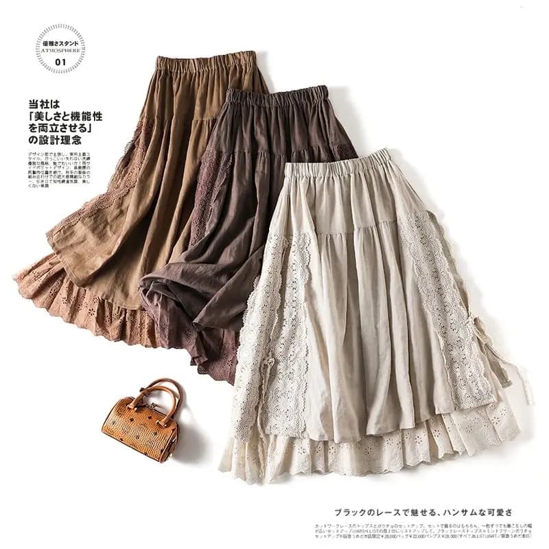 Embroidery Lace Skirts Women Cotton Elastic Waist Streetwear Mid-length Skirt Vintage Patchwork Harajuku Lace-up Solid Clothing